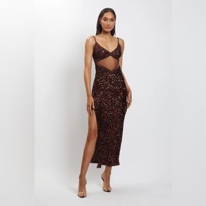 Meshki Amirah Mesh Cut Out Sequin Maxi Dress - Chocolate